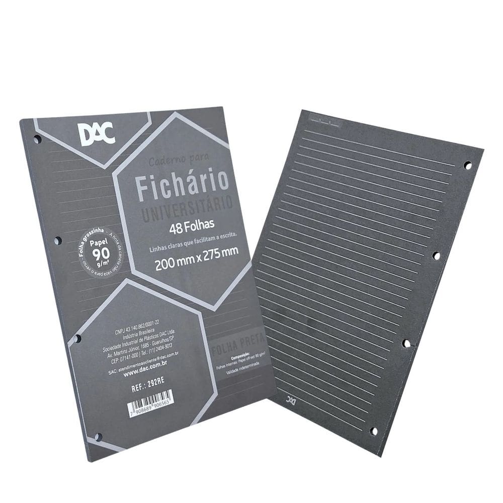 Refil Caderno Argolado Fichário Universitário 48 Folhas Pretas 90g/m² 200x275mm - Dac