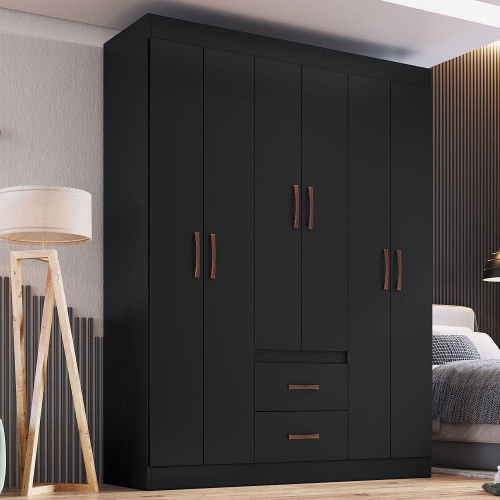 Guarda-Roupa Solteiro Montevidéu 6 Portas 2 Gavetas Preto - Doripel Móveis