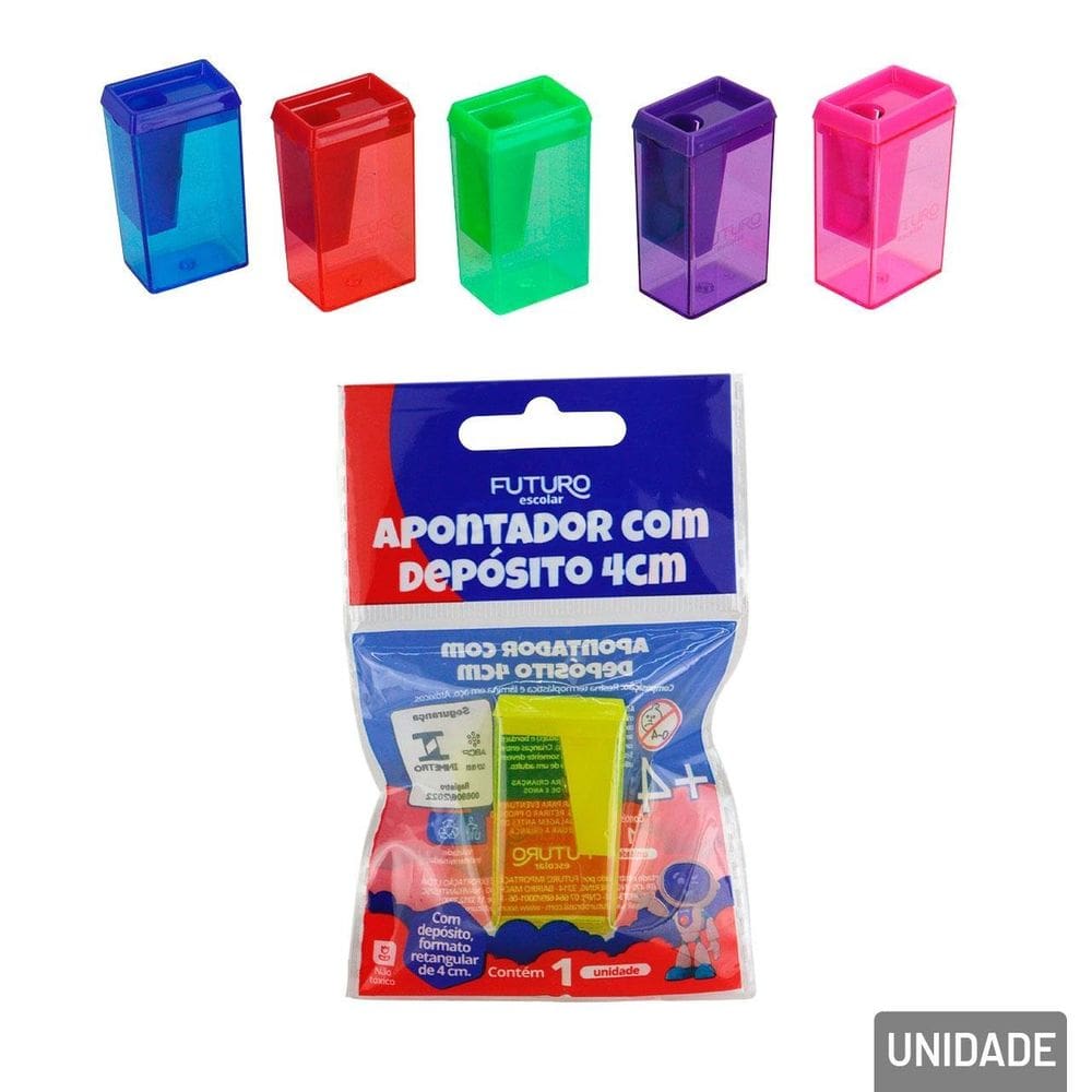 Apontador de Plástico Simples com Depósito Color - Tudo em Caixa