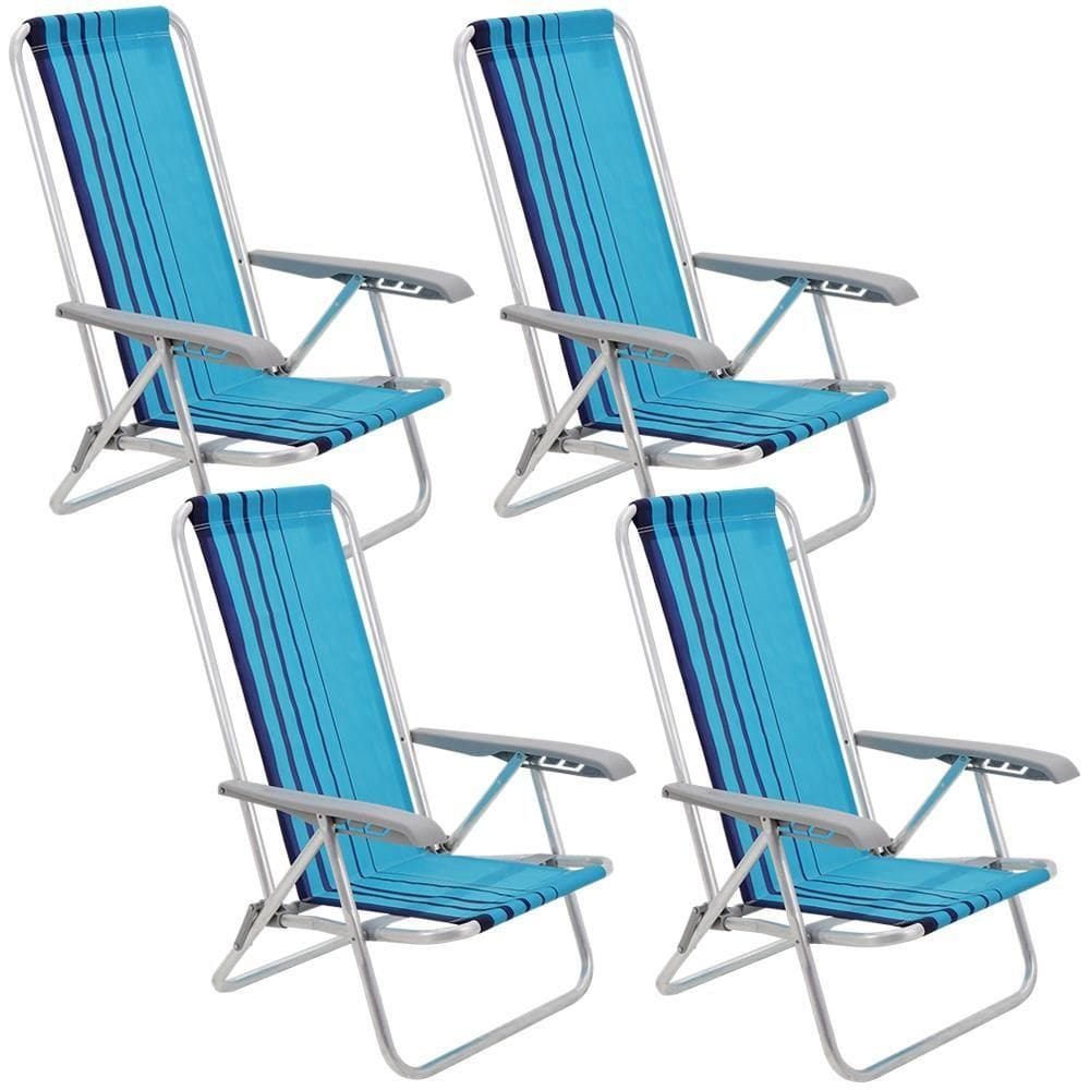 Kit 04 Cadeiras de Praia Reclinável Tramontina Bali Baixa em Alumínio com Assento Azul 92900102