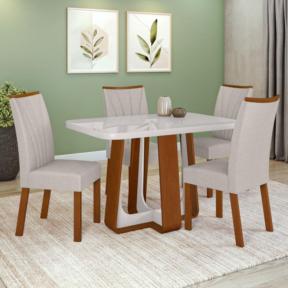 Conjunto Sala de Jantar Mesa Easy Pop 120x80cm Tampo MDF 40mm com 4 Cadeiras Confort Linho Mosaico Cinza Frassino/Off White