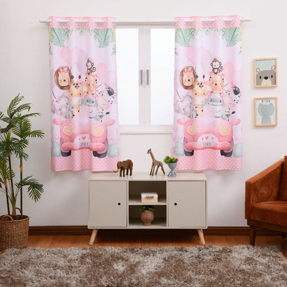 Cortina Estampada Infantil 200X150 Quarto Safari Rosa
