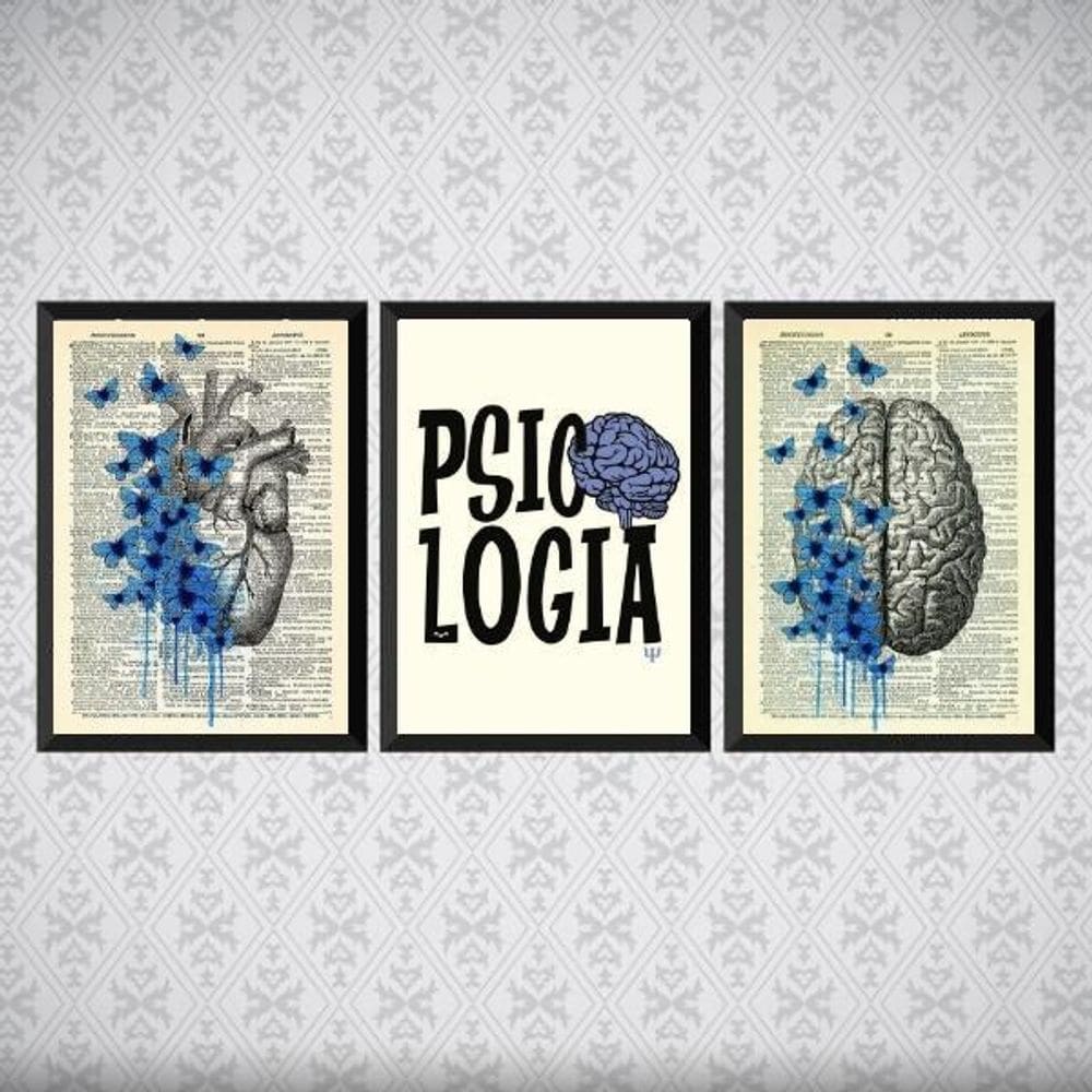 Kit 3 Quadros Psicologia Razão E Emoção 45X34Cm Vidro Preta