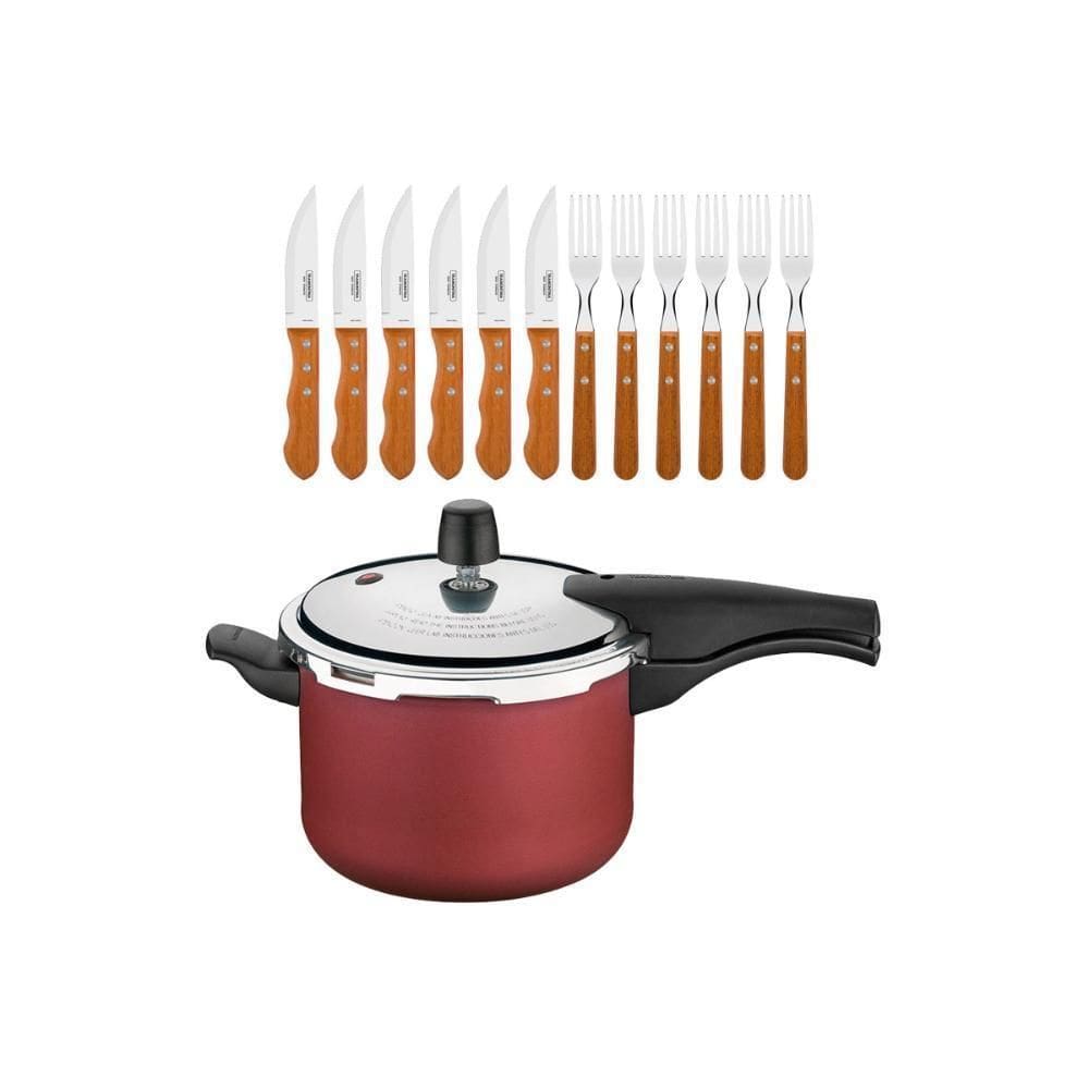 Panela Pressão 4,5L Verm + Jogo Churrasco 12Pç Tramontina