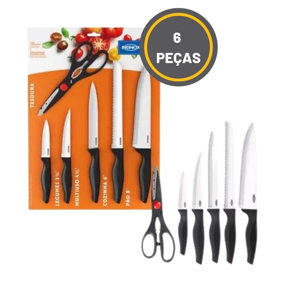 Jogo Conjunto Facas Tesoura Cozinha Aço Inox Brinox Kit 6 Un