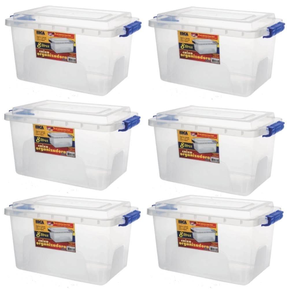 Kit 6 Caixas Organizadora Alta Tampa E Trava Transparente 8L