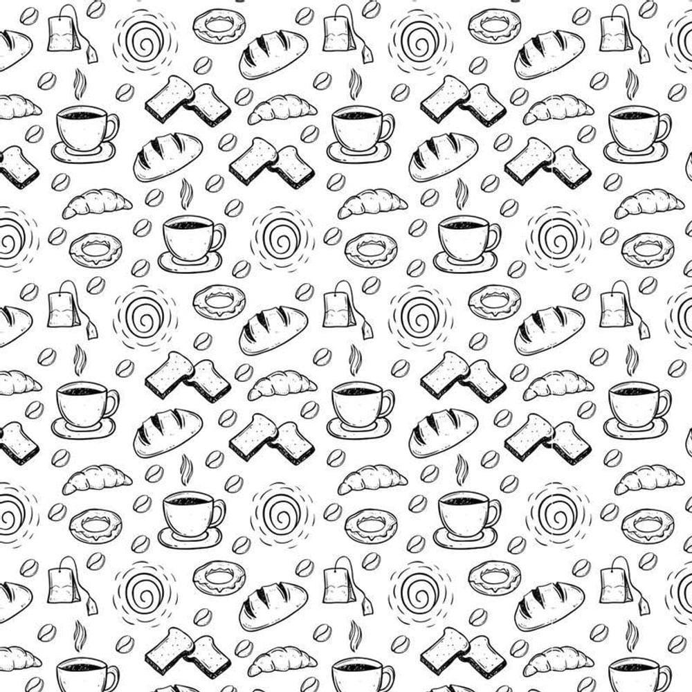 Papel De Parede Branco E Desenhos Preto Chá Pão Café Rosca