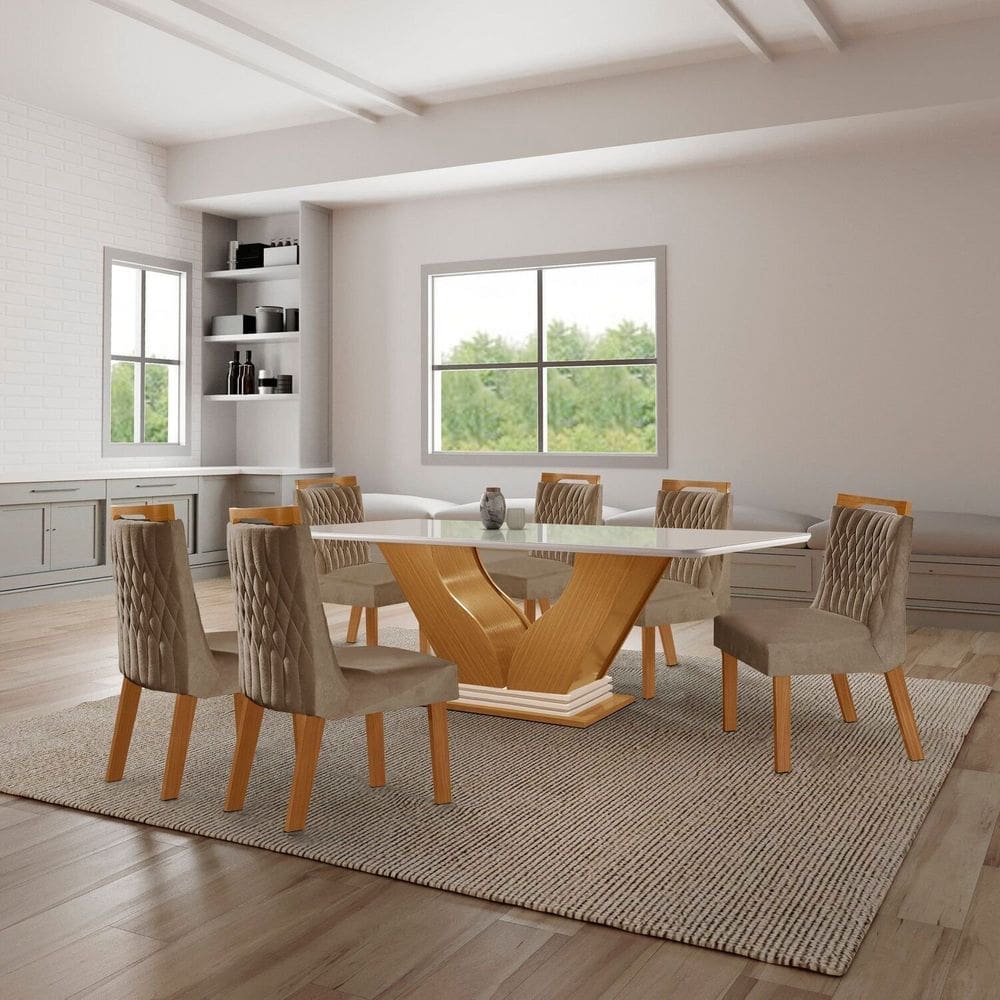 Conjunto Sala de Jantar 6 Cadeiras Atena Castanho/ Cinamomo/Pena /Caramelo