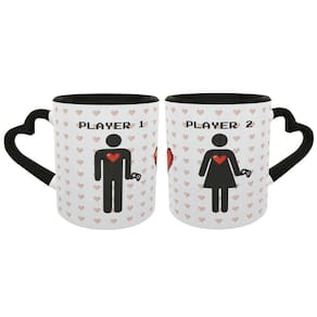 Caneca Coração Casal Player 1 E 2 Hxm Presente Namorados