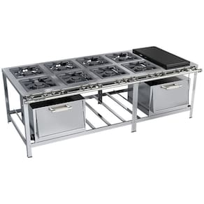 Fogão Industrial Stori Premium 8 Bocas 40x40 2 Fornos com Chapa M31 Aço Inox 430 Metalmaq