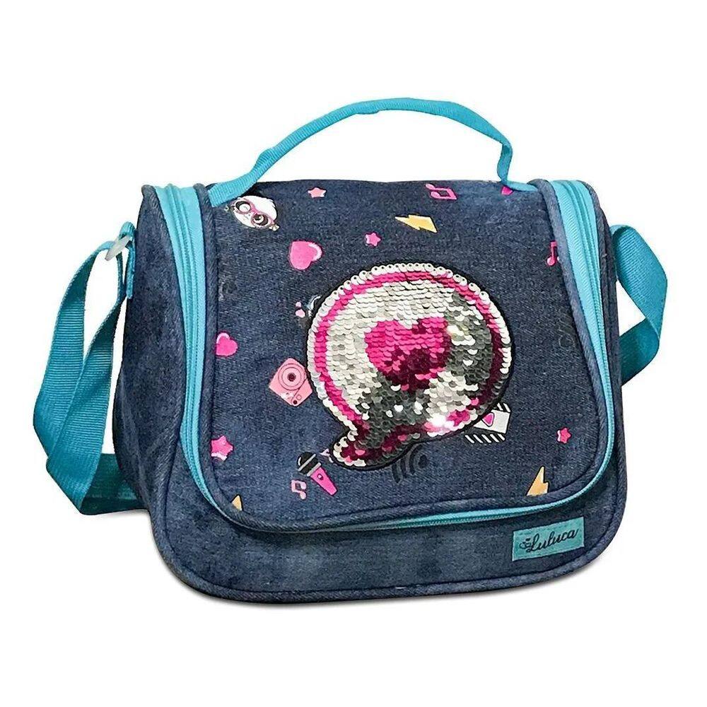Lancheira Térmica Luluca Paetê E Estampa Menina Azul Escuro
