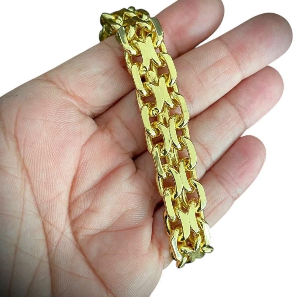 Pulseira Cadeado Duplo 15Mm Banhado A Ouro 18K