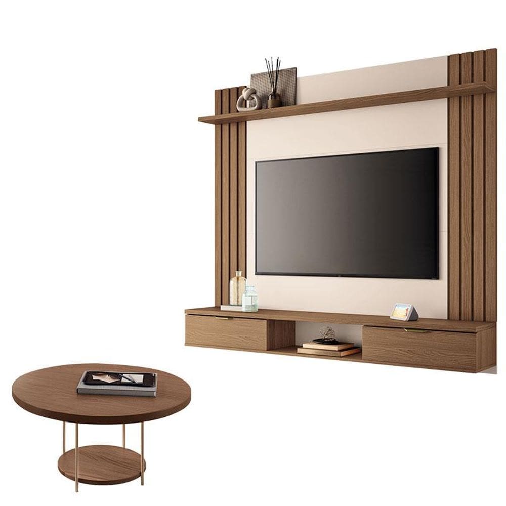 Painel para TV Suspenso Solus e Mesa de Centro SKY Castanho Off White - HB Móveis