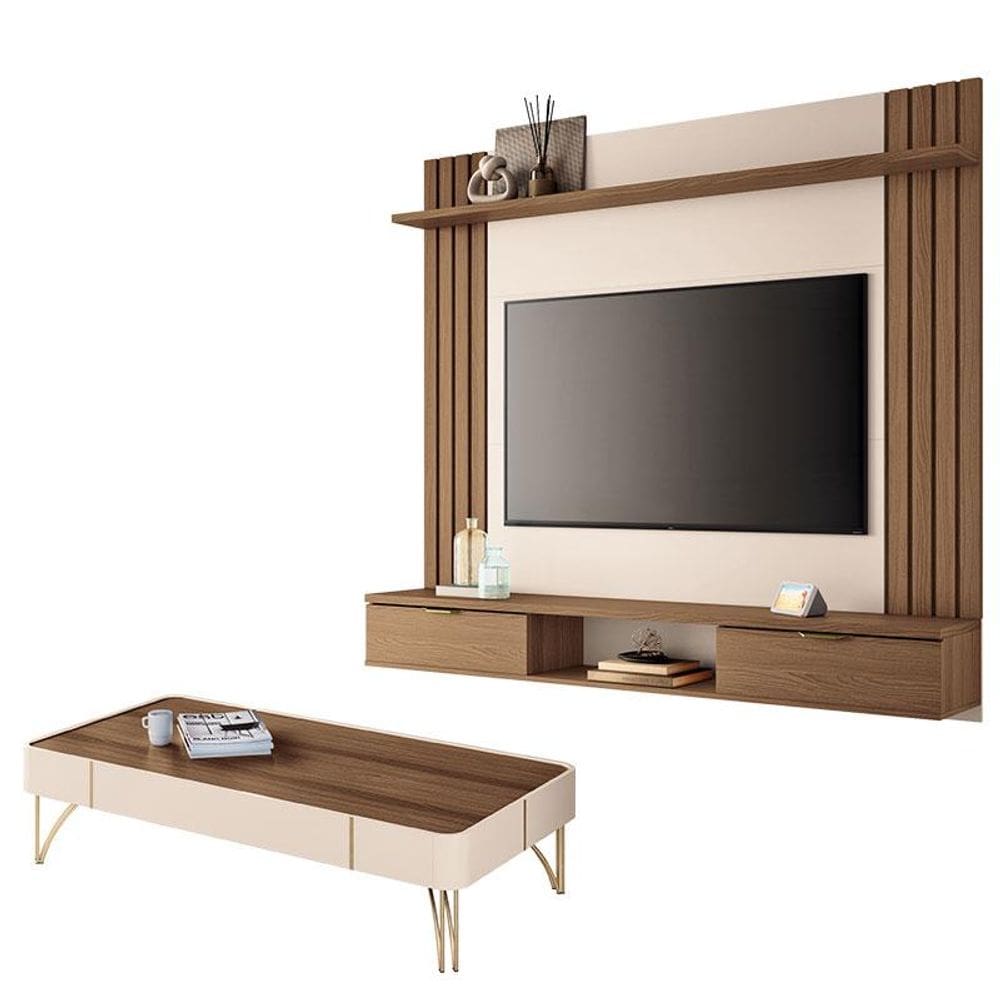Painel para TV Suspenso Solus e Mesa de Centro Cadenza Castanho Off White - HB Móveis