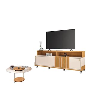 Rack Bancada Graci 1.8 com Mesa de Centro Sky com Tampo de Vidro Off White Cinamomo - HB Móveis