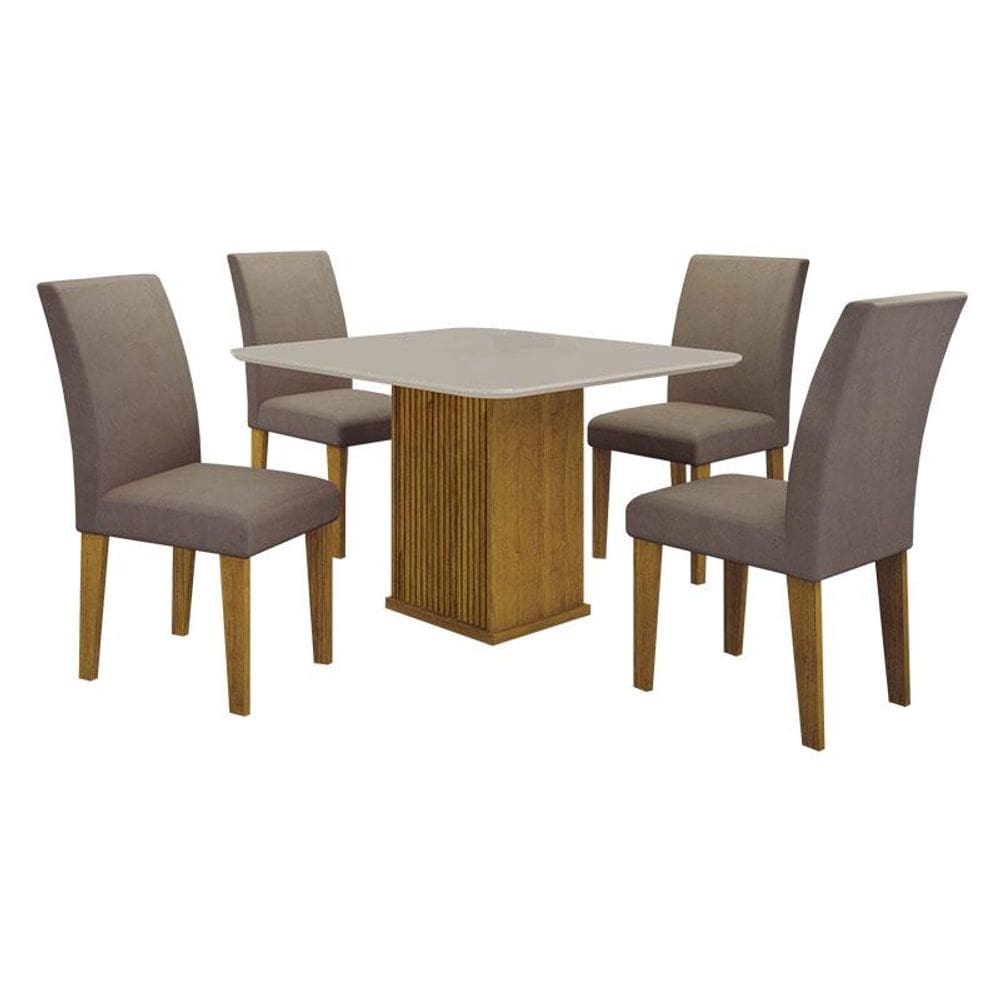 Mesa de Jantar Napoli 90x90 Freijó Decor Off White com 4 Cadeiras MDF Freijó Joli Camurça - Leifer Móveis