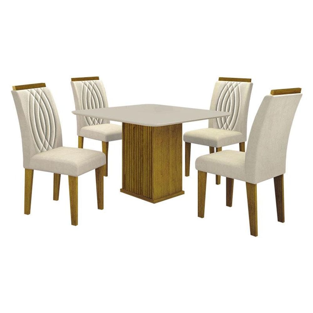 Mesa de Jantar Napoli 90x90 Freijó Decor Off White com 4 Cadeiras Doha MDF Freijó Joli Palha - Leifer Móveis