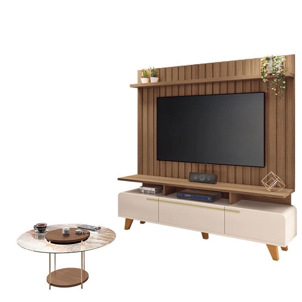 Rack Bancada Essenza e Painel Link 2.0  com Mesa de Centro Sky com Tampo de Vidro Off White Castanho - HB Móveis