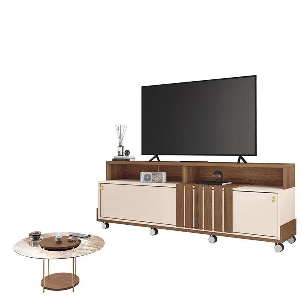 Rack Bancada Graci 1.8 com Mesa de Centro Sky com Tampo de Vidro Castanho Off White - HB Móveis