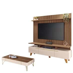 Rack Bancada Essenza e Painel Link 2.0 com Mesa de Centro Cadenza Off White Castanho - HB Móveis
