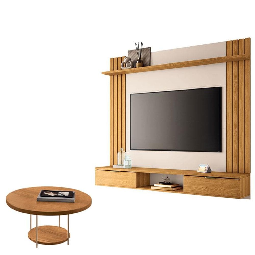 Painel para TV Suspenso Solus e Mesa de Centro SKY Cinamomo Off White - HB Móveis