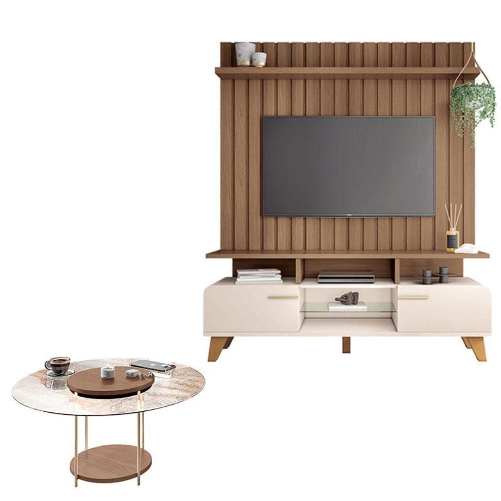 Rack Bancada Essenza e Painel Link 1.6 com Mesa de Centro Sky com Tampo de Vidro Off White Castanho - HB Móveis