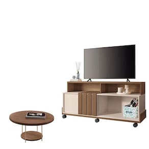 Rack Bancada Graci 1.3 com Mesa de Centro Sky Castanho Off White - HB Móveis