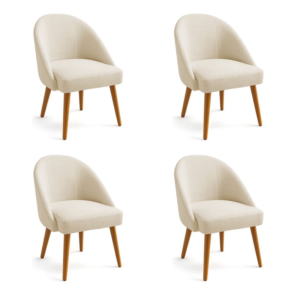 Kit 04 Cadeiras Poltrona de Jantar Estofada Luna Boucle Bege Pés Palito Castanho - Pallazio