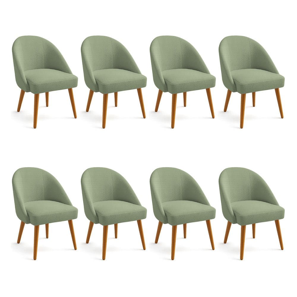 Kit 08 Cadeiras Poltrona de Jantar Estofada Luna Boucle Verde Pistache Pés Palito Castanho - Pallazio