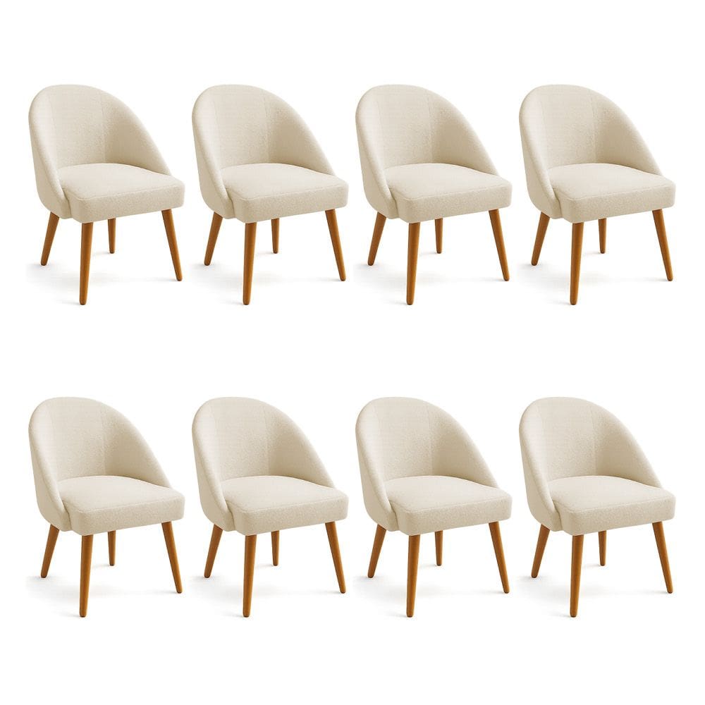 Kit 08 Cadeiras Poltrona de Jantar Estofada Luna Boucle Bege Pés Palito Castanho - Pallazio