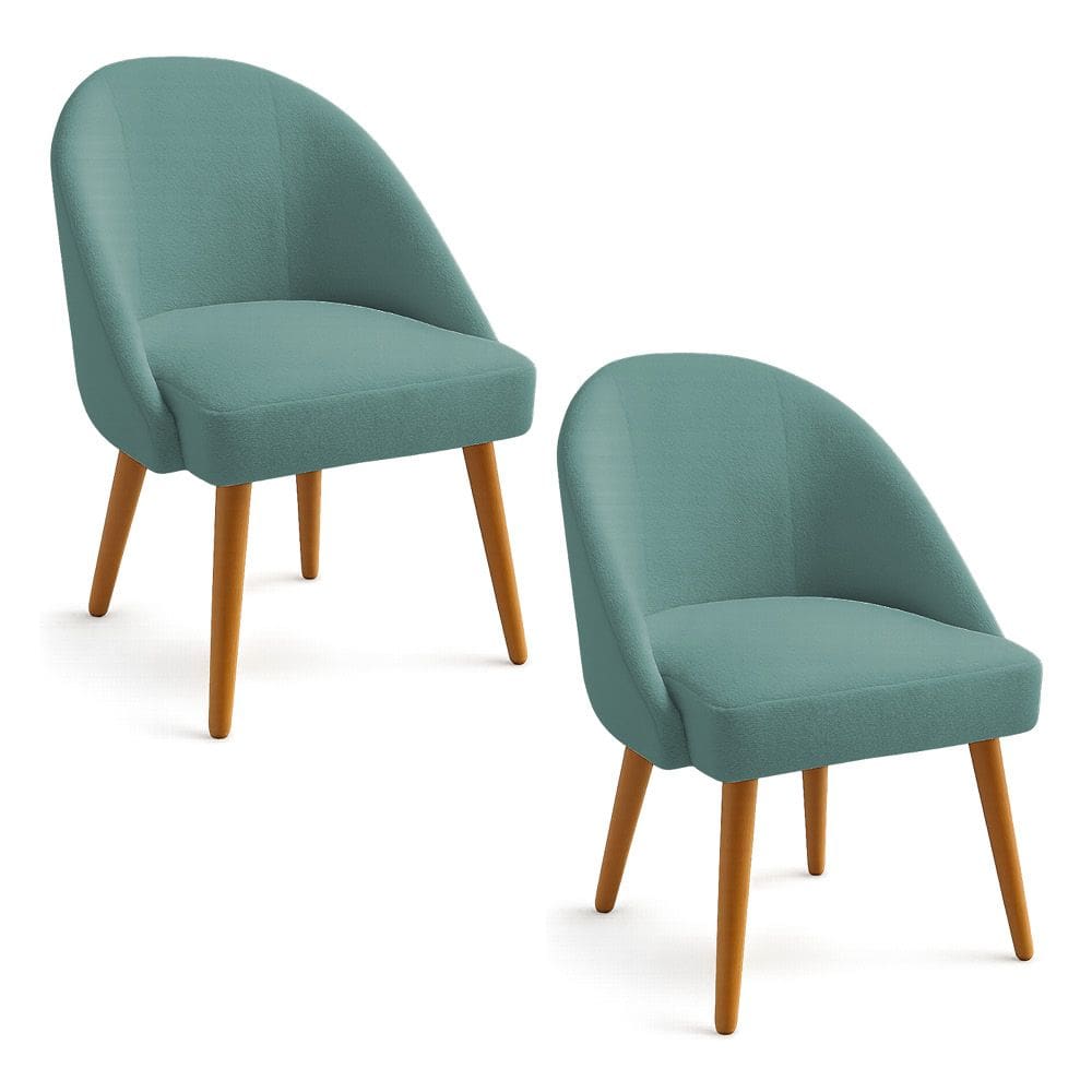 Kit 02 Cadeiras Poltrona de Jantar Estofada Luna Boucle Azul Majestic Pés Palito Castanho - Pallazio