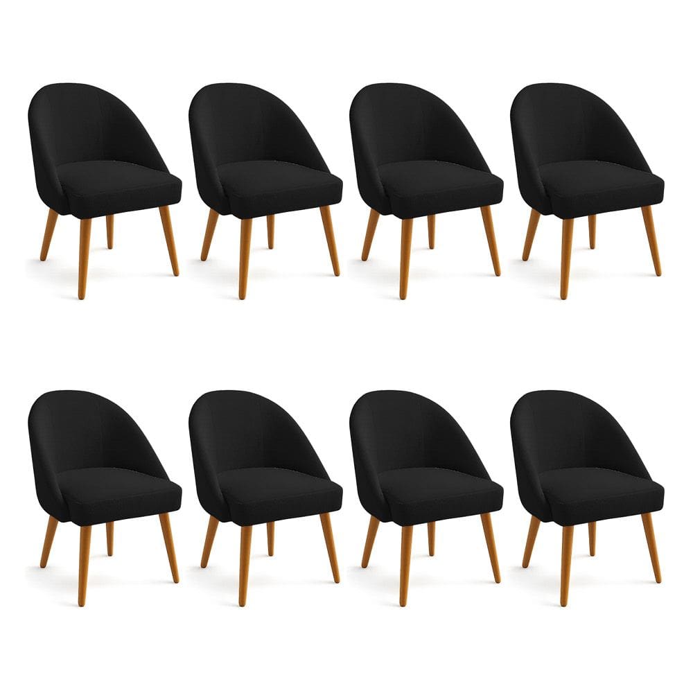 Kit 08 Cadeiras Poltrona de Jantar Estofada Luna Boucle Preto Pés Palito Castanho - Pallazio
