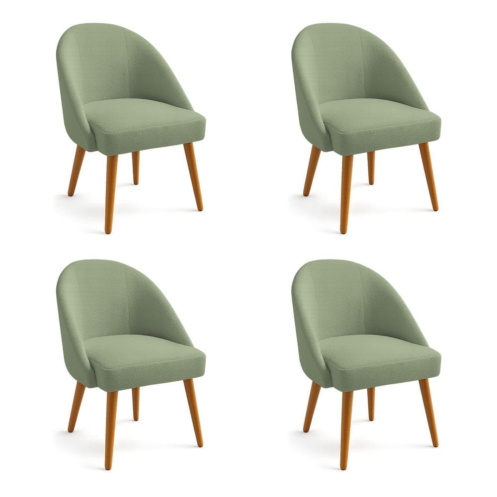 Kit 04 Cadeiras Poltrona de Jantar Estofada Luna Boucle Verde Pistache Pés Palito Castanho - Pallazio