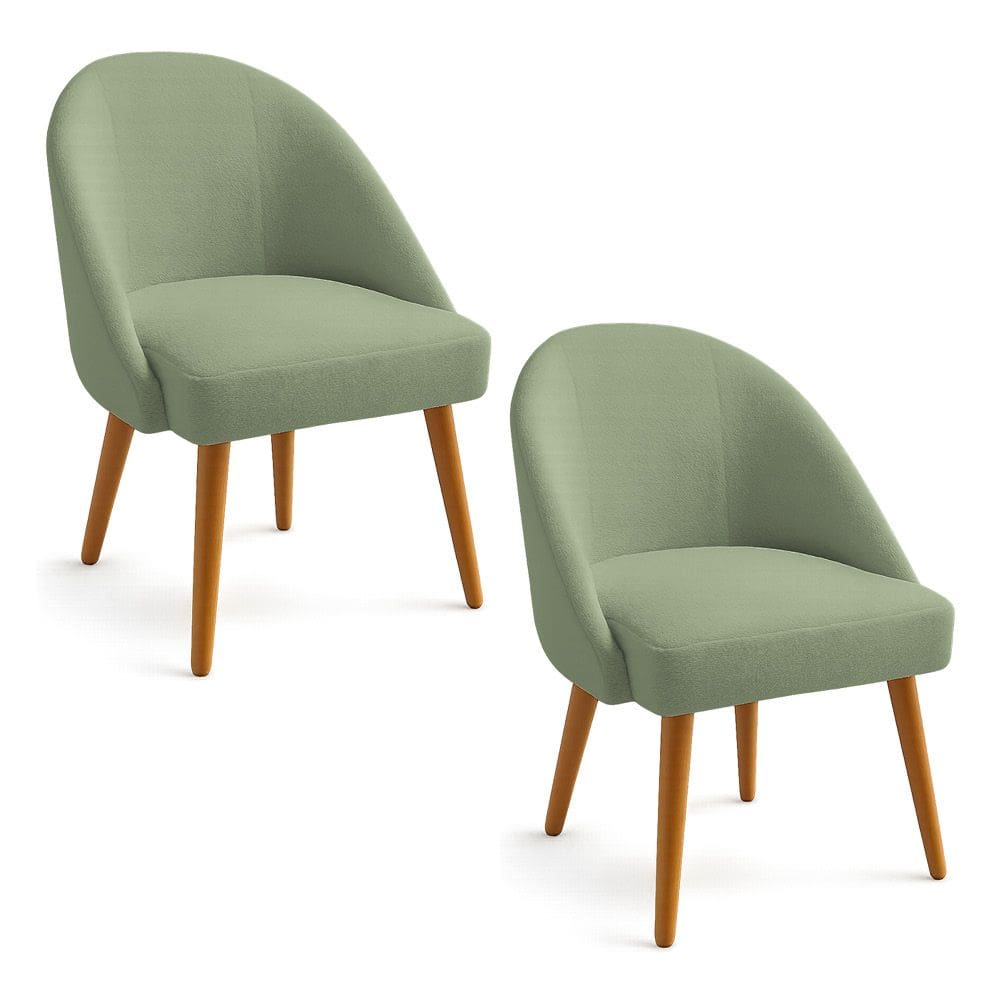Kit 02 Cadeiras Poltrona de Jantar Estofada Luna Boucle Verde Pistache Pés Palito Castanho - Pallazio