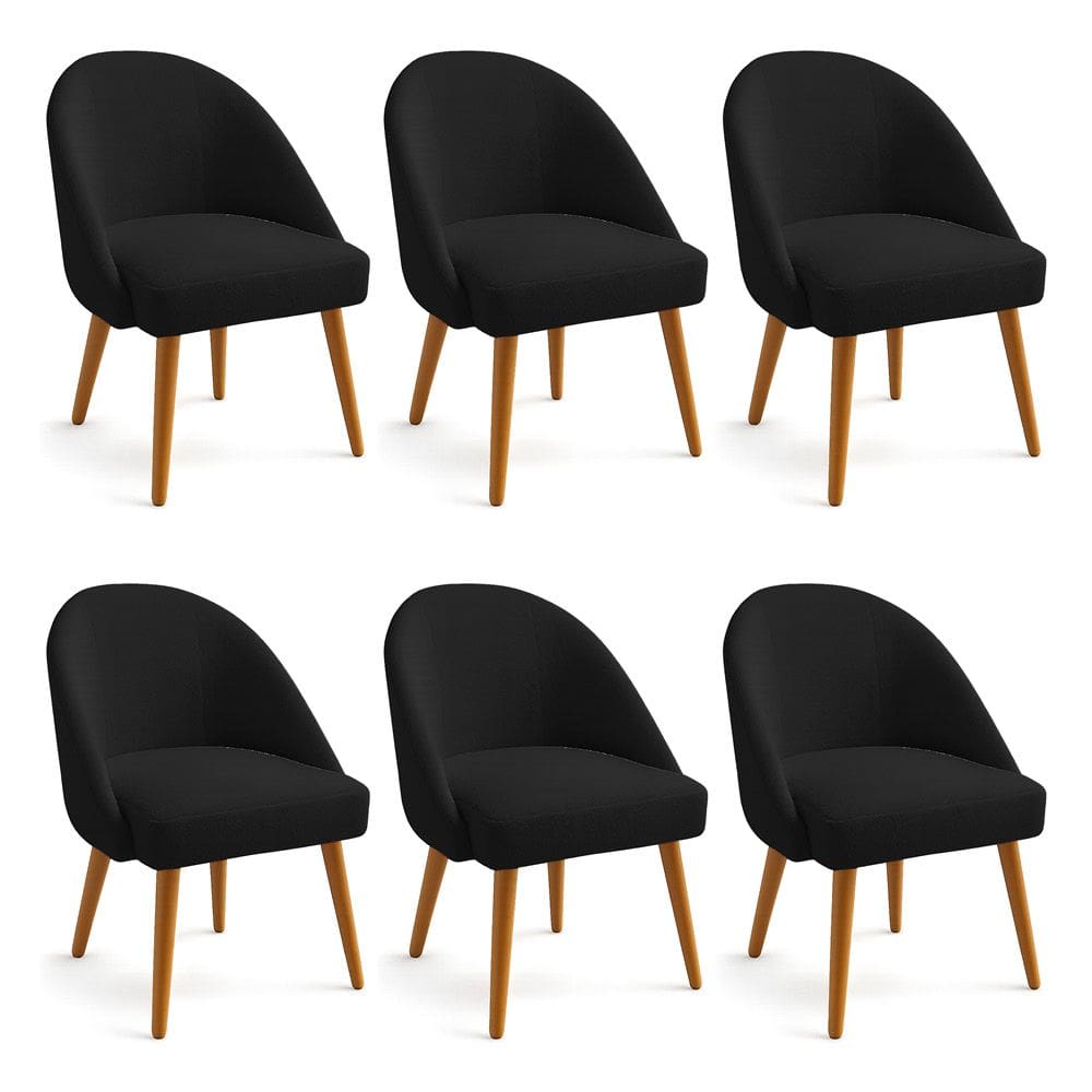 Kit 06 Cadeiras Poltrona de Jantar Estofada Luna Boucle Preto Pés Palito Castanho - Pallazio