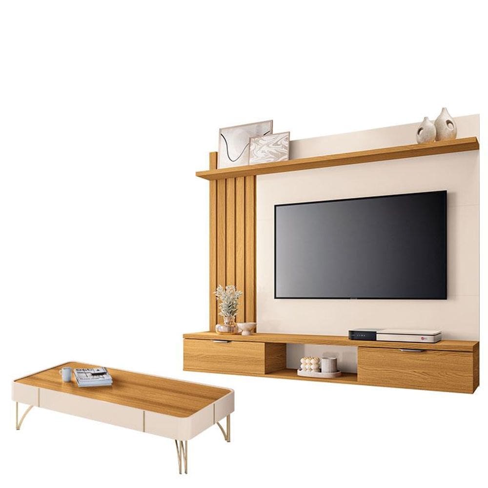 Painel para TV Suspenso Lets com Mesa de Centro Cadenza Cinamomo Off White - HB Móveis