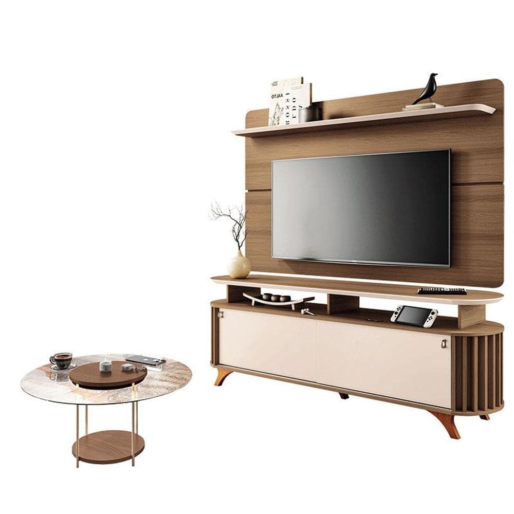 Rack Bancada Alba com Painel Curv com Mesa de Centro Sky com Tampo de Vidro Castanho Off White - HB Móveis