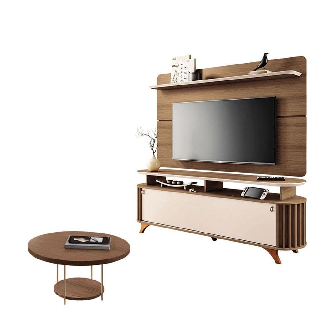Rack Bancada Alba com Painel Curv com Mesa de Centro Sky Castanho Off White - HB Móveis