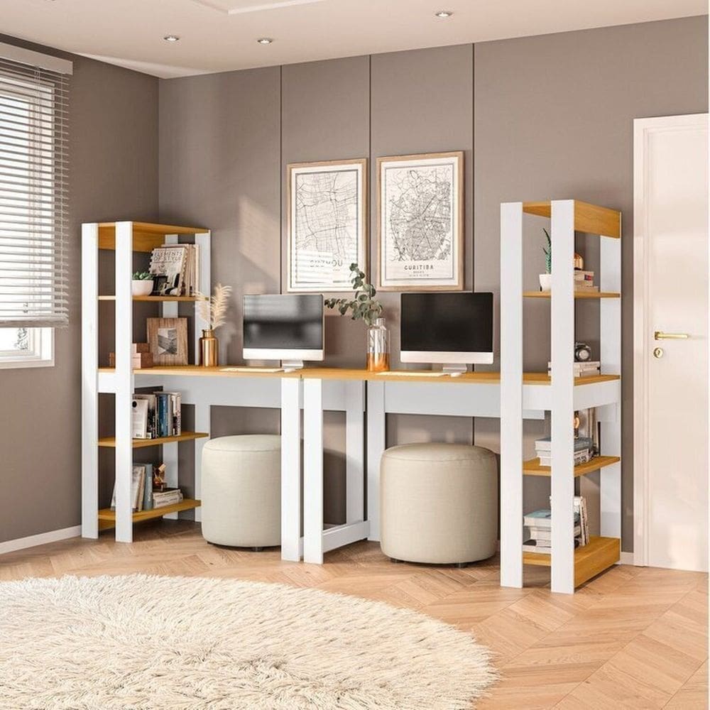 Conjunto com 2 Mesas Escrivaninhas com Estante e 4 Prateleiras Licce Freijó/Branco