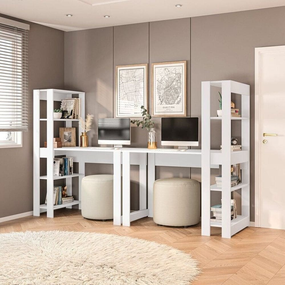 Conjunto com 2 Mesas Escrivaninhas com Estante e 4 Prateleiras Licce Branco