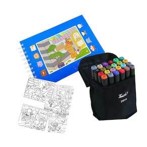 Canetinhas 60 Cores Com Livro De Pintar Ursinho Fofo Caderno 100 Folhas Capa Dura Colorir Estojo