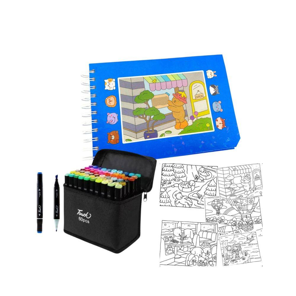 Canetinhas 60 Cores Livro De Pintar Ursinho Fofo Ponta Dupla Capa Dura Estojo Desenho Arte Divertido Pintura Hobbie Lazer
