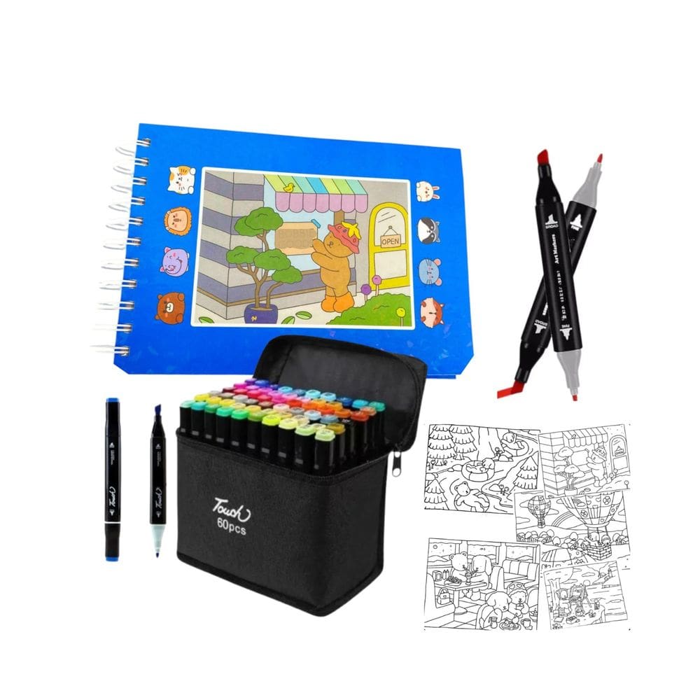 Canetinha 60 Cores Com Livro De Pintar Ursinho Fofo Capa Dura 100 Folhas Estojo Desenho Colorir Divertido Pintura Hobbie Lazer