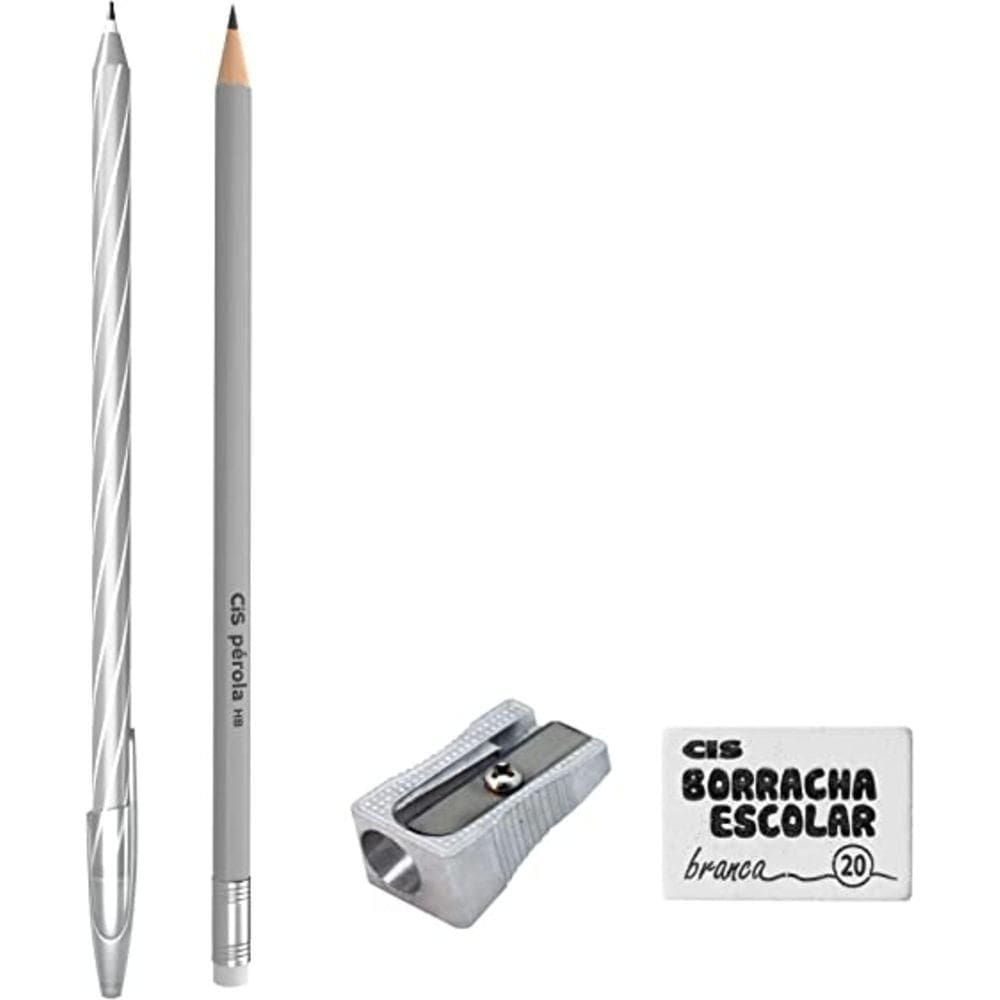 Kit Escolar de Papelaria Colors com 4 Peças - Cinza - Cis