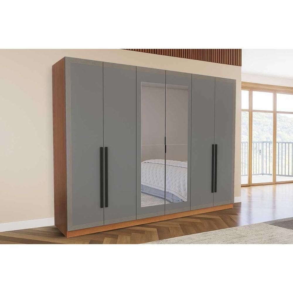 Guarda Roupa Casal 6 Portas (2 c/ Espelho) e 4 Gavetas Lisboa Freijo/Cinza - Politorno