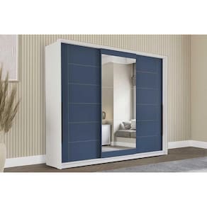 Guarda Roupa Casal 3 Portas de Correr (1 c/ espelho) e 4 Gavetas Lisboa Branco/Azul - Politorno