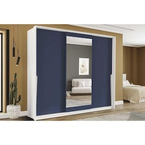 Guarda Roupa Casal 3 Portas de Correr (1 c/ espelho) e 4 Gavetas Porto Branco/Azul - Politorno