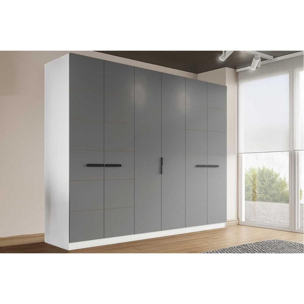 Guarda Roupa Casal 6 Portas e 4 Gavetas Lisboa Branco/Cinza - Politorno