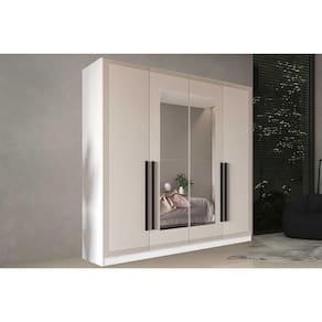 Guarda Roupa Casal 4 Portas (2 c/ Espelho) e 4 Gavetas Valência Branco/Creme - Politorno