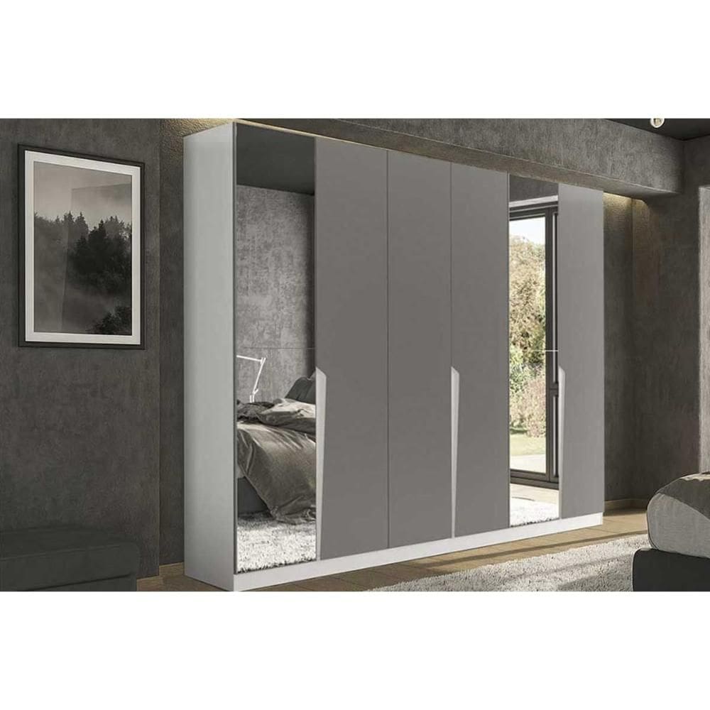 Guarda Roupa Casal 6 Portas (2 c/ Espelho) e 4 Gavetas Porto Branco/Cinza - Politorno